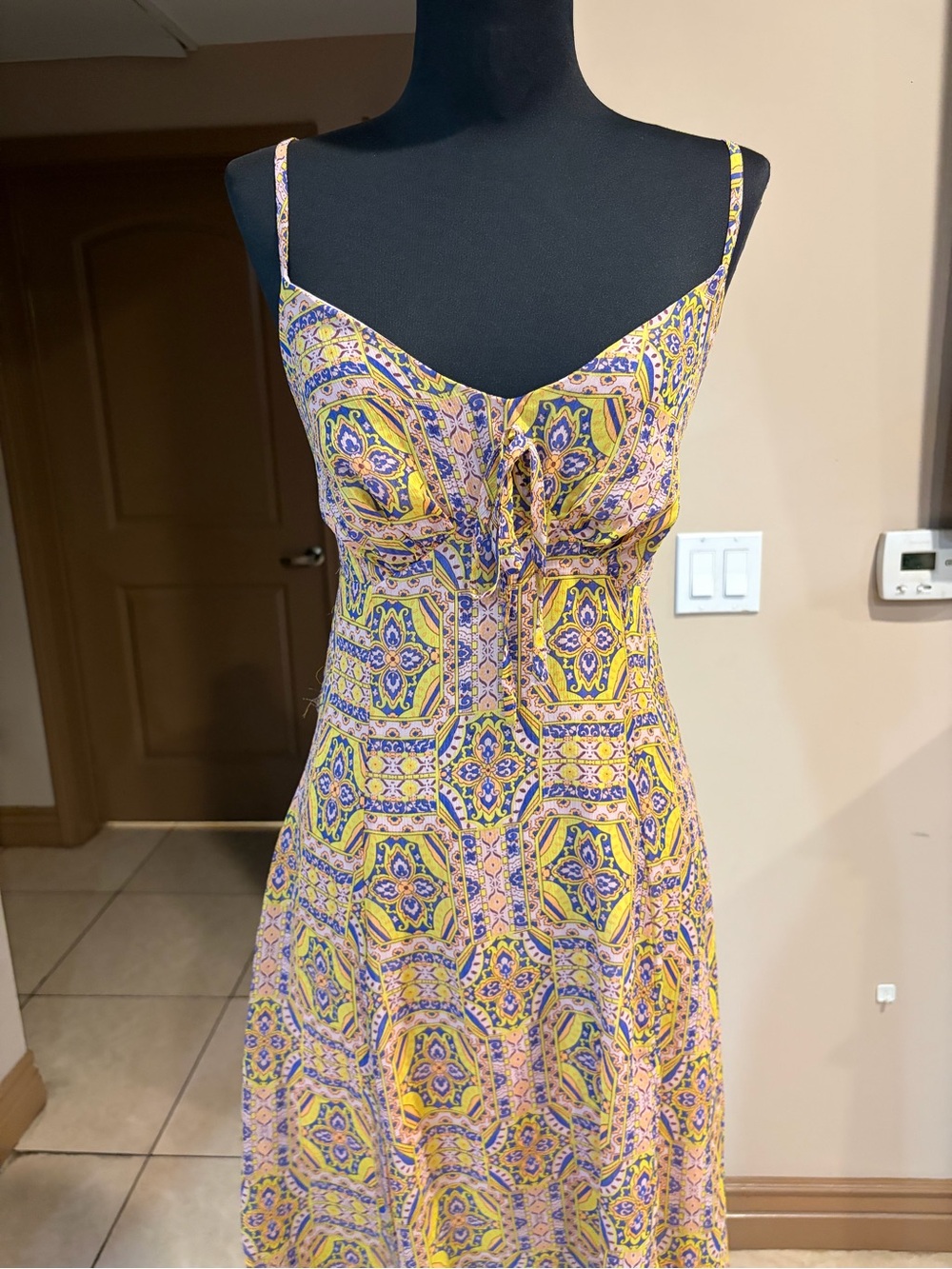Moon River Yellow & Pink Mosaic-Print Spaghetti Strap Midi Dress - Picture 5 of 7